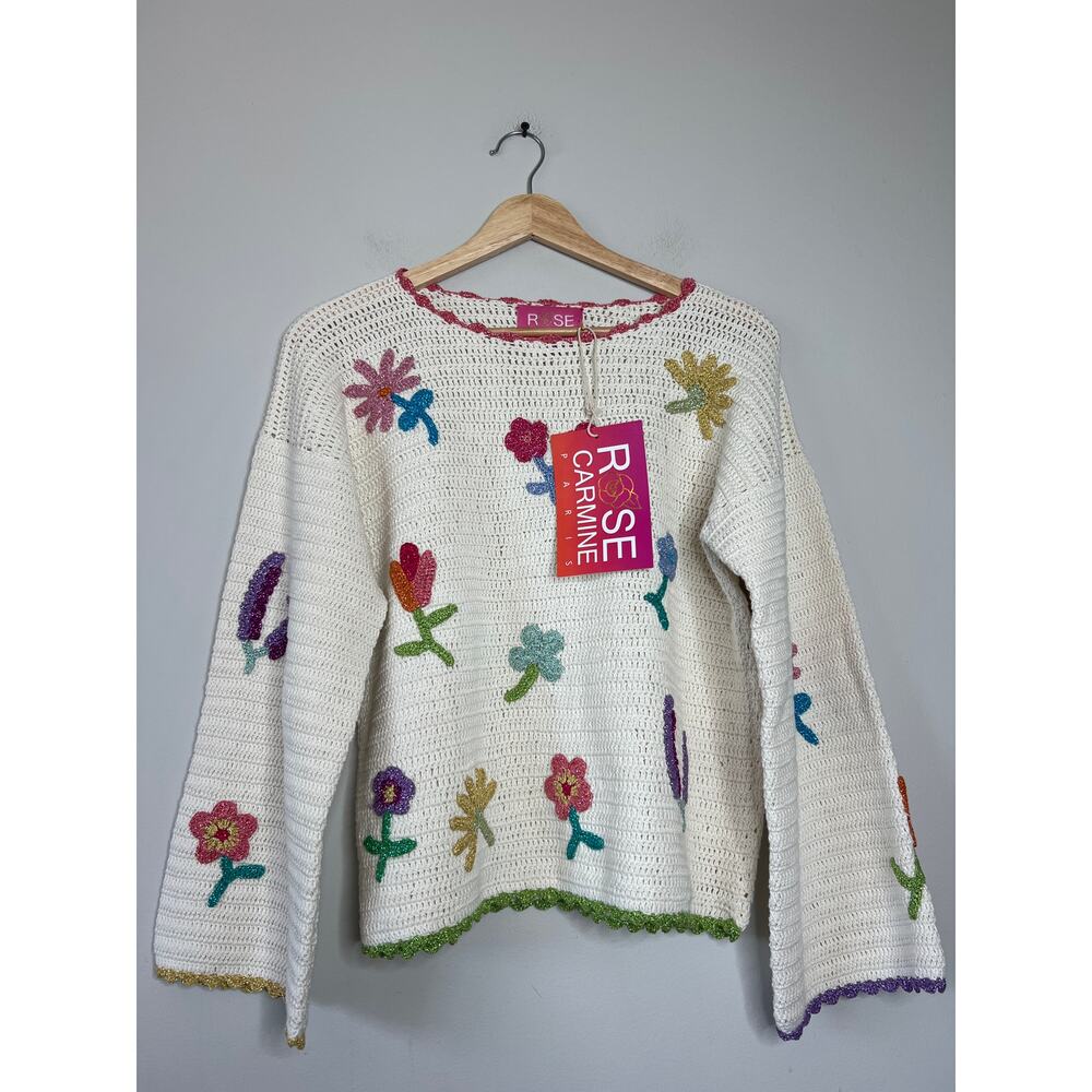 NEW NWT Rose Carmine Sweater Bloom Scalloped Crochet Embroidered Top in Cream - Picture 2 of 8